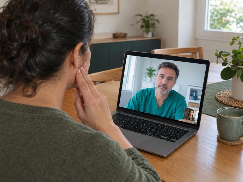Una paciente en su casa, en videollamada con un especialista desde su portátil, se toca la mandíbula al explicar dónde le molesta.