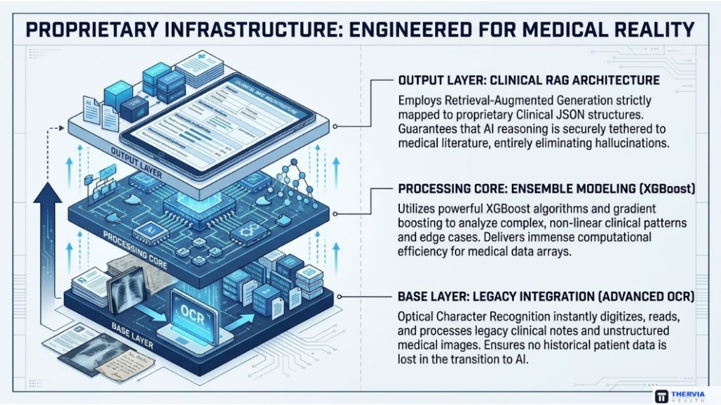 TMDream proprietary infrastructure infographic: OCR integration, XGBoost core, and clinical RAG architecture