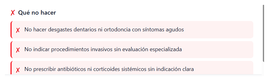 TMDream panel listing the interventions to avoid while the clinical picture is unconfirmed