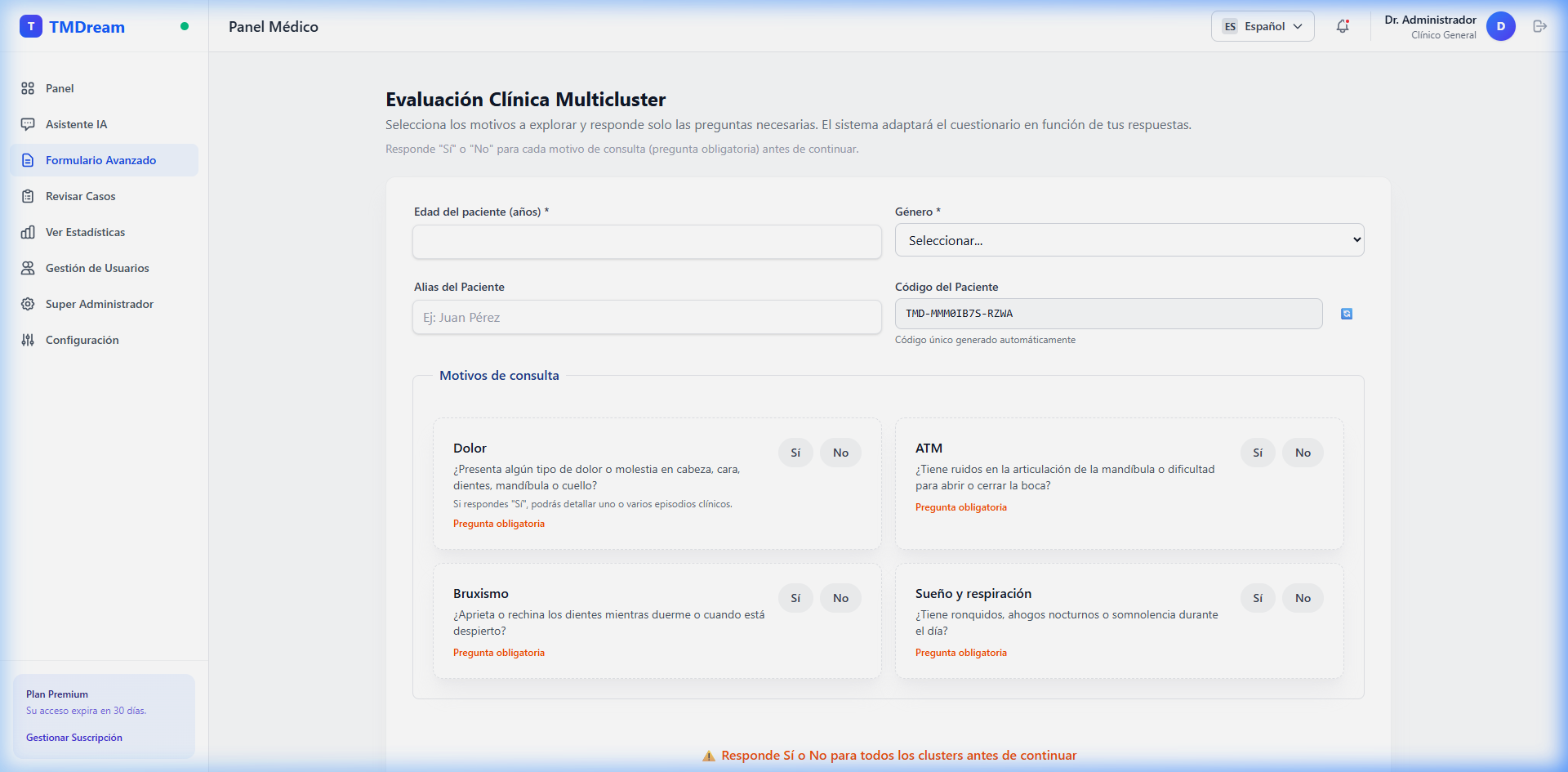 TMDream multicluster clinical assessment form